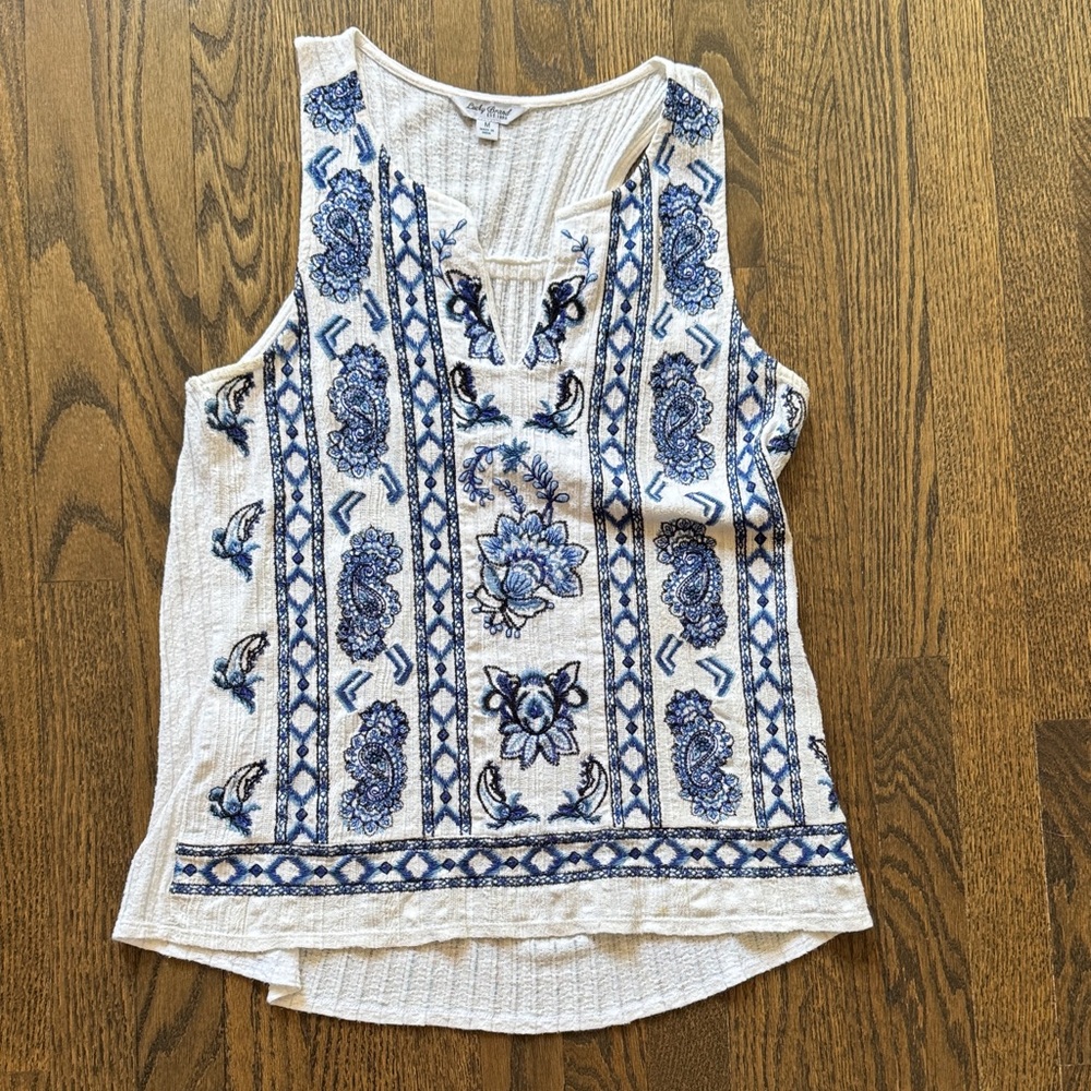Lucky Brand White Tank with Blue Floral Embroidery